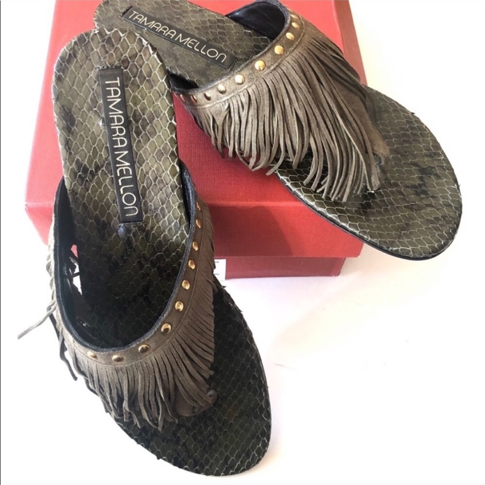 Tamara Mellon Olive and Brown Fringe Sandals - Picture 2 of 5